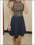 Sexy See Through Halter Neckline Short Prom Dresses Gold Beadings Navy Blue Party Gown